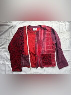 Patchwork Button-Front Blazer Jacket in Red & Burgundy